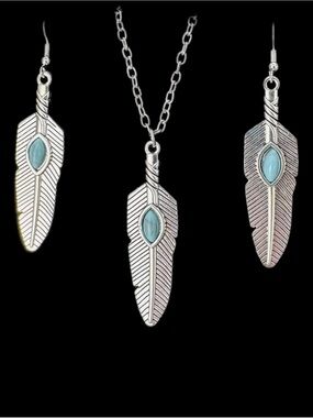 Silver Feather Necklace and Earrings Set with Light Blue Stone